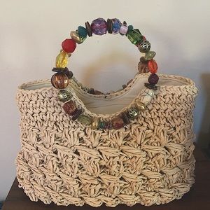 Vintage Cappelli Strawworld Straw Purse with Large Colorful Beaded Handle EUC